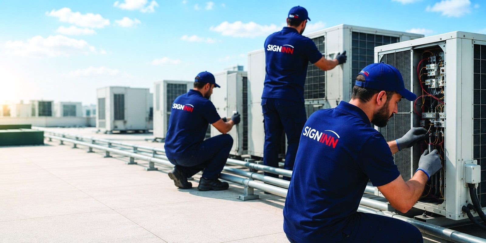 SIGN INN HVAC technicians servicing systems in Qatar